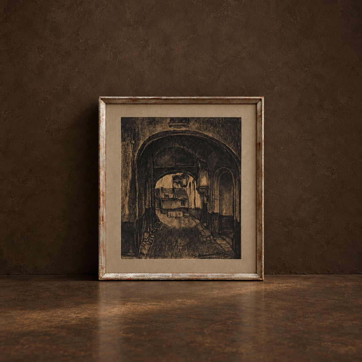 Charcoal of Alley in Hungary "Looking Into The Past" Framed &amp; Signed