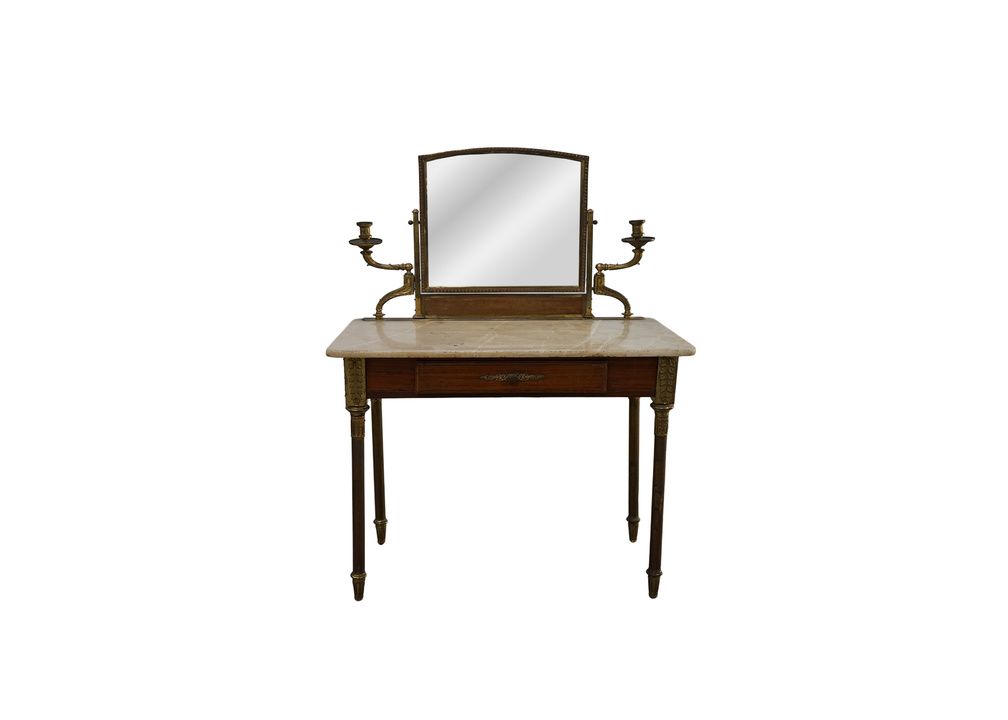 Empire Style Dressing Table with Brass Detail with Mirror &amp; Sconces, 35 1/2" x 19 3/4" x 52" OAH