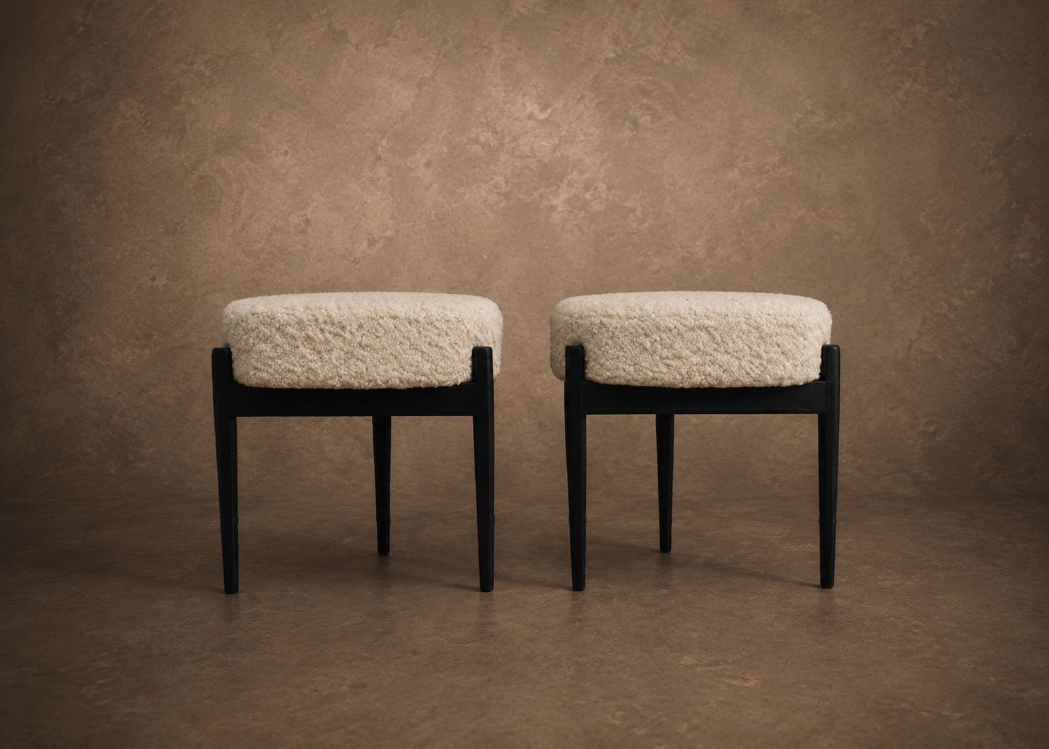 Pair of Mid Century Modern Swedish Ottomans, Newly Recovered in Pierre Frey Boucle