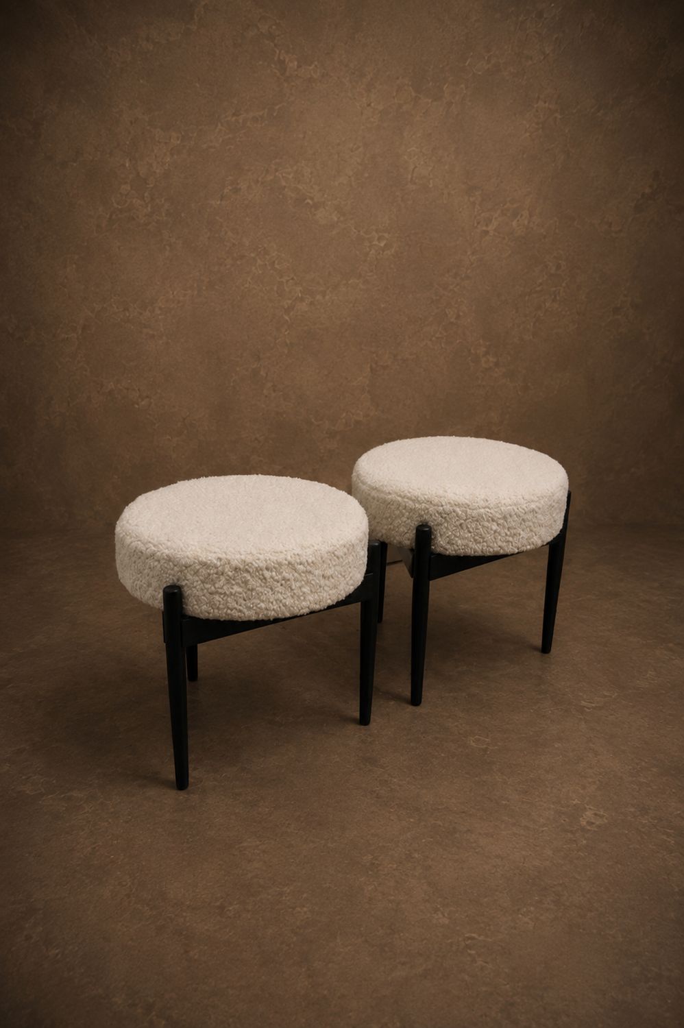 Pair of Mid Century Modern Swedish Ottomans, Newly Recovered in Pierre Frey Boucle