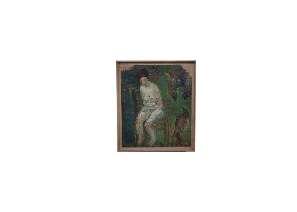 Oil Art, Study of a Nude Woman with Parrots on Board with Oak Frame
