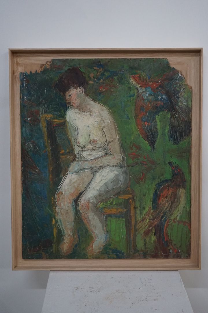 Oil Art, Study of a Nude Woman with Parrots on Board with Oak Frame