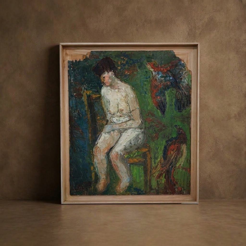 Oil Art, Study of a Nude Woman with Parrots on Board with Oak Frame