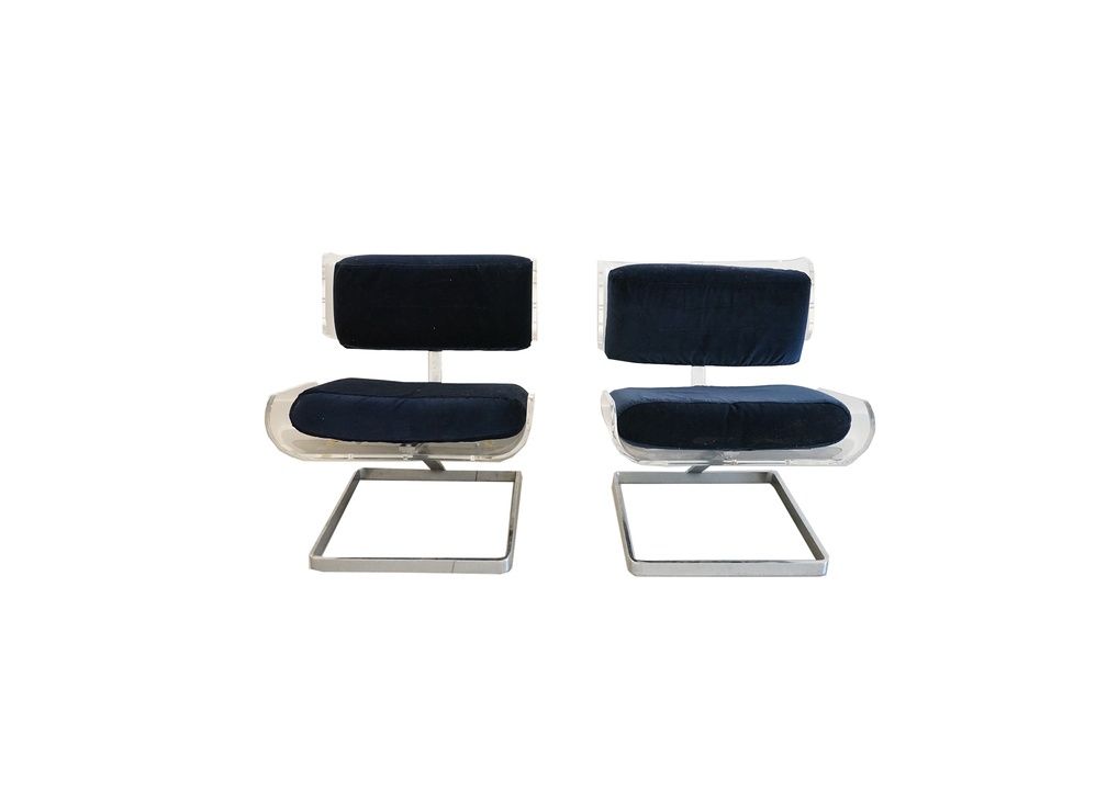 1970s Lucite and Chrome Boris Tabacoff Design Lounge Chair with Blue Upholstery, France