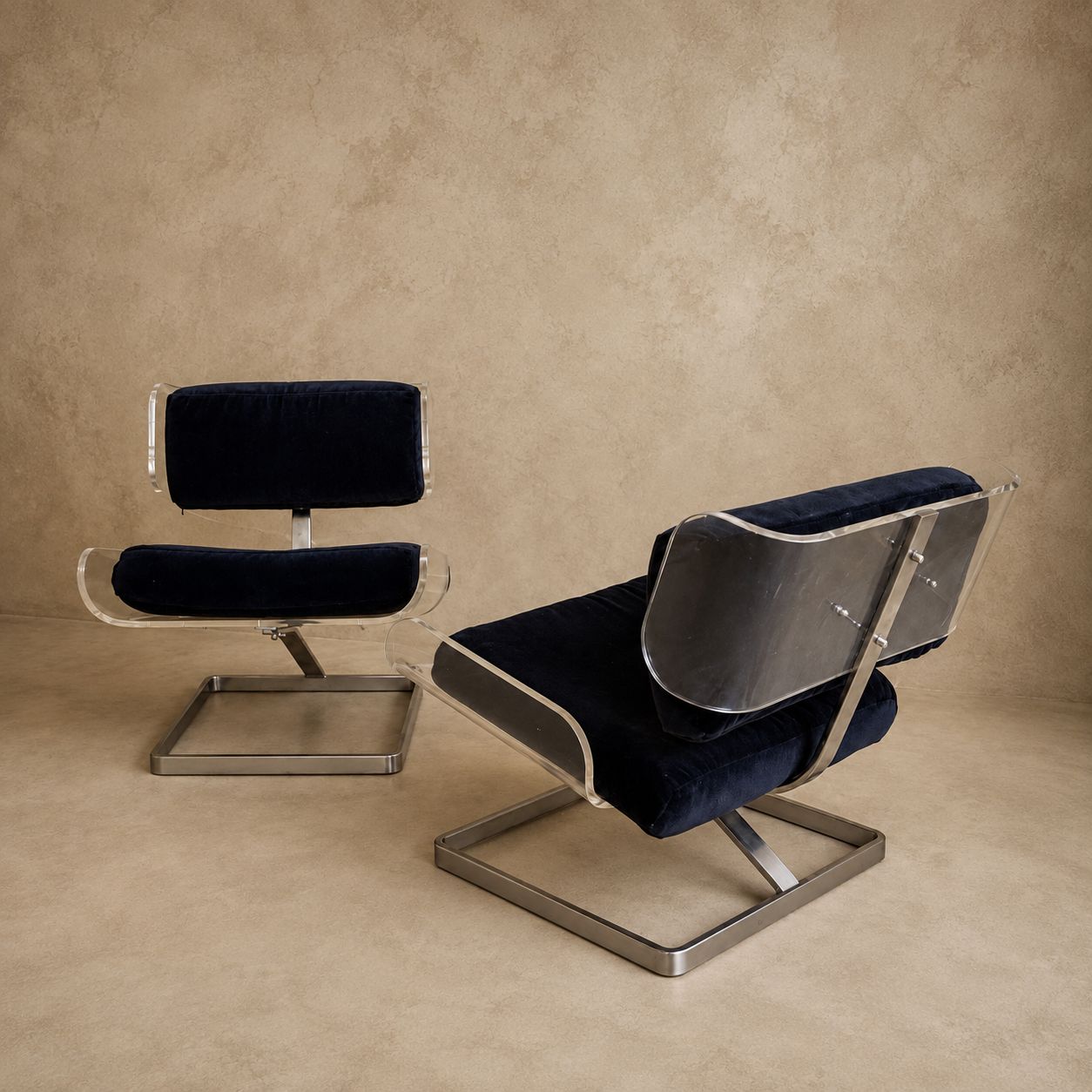 Pair of 1970s Lucite and Chrome Boris Tabacoff Design Lounge Chairs with Blue Upholstery, France