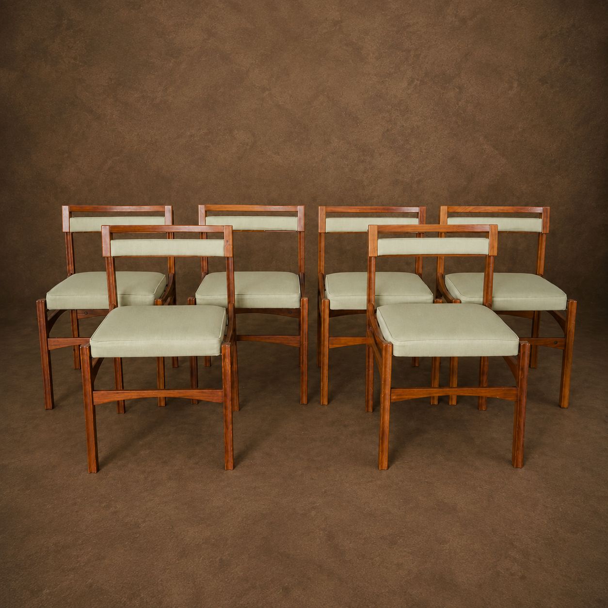Set of 6 Wooden Dining Chairs with Green Upholstery, 1960s, France