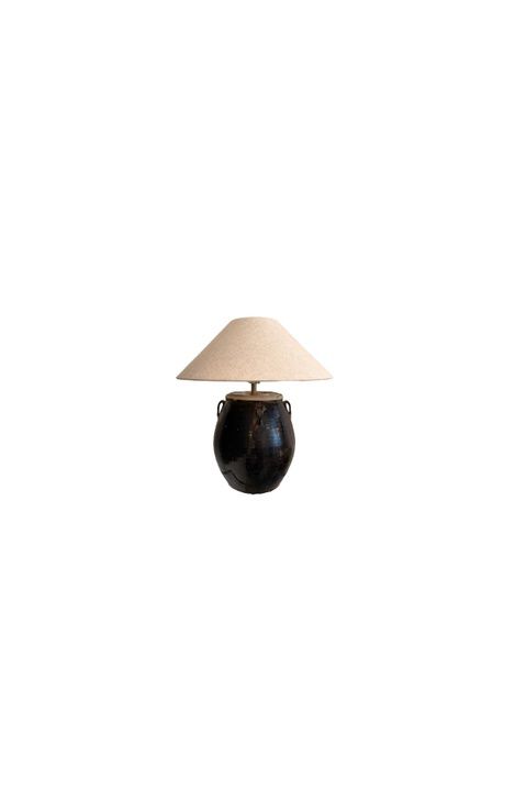 Vintage Chinese Glazed Clay Pot Converted to Table Lamp with Taupe Linen Shade (2026-1897A)