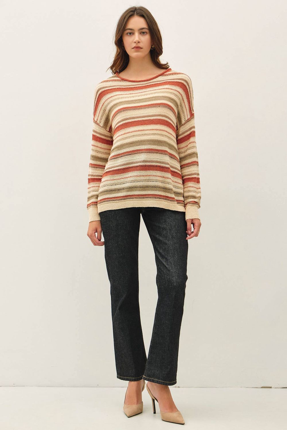 Breezy Knit Multi-Striped Long Sleeve Sweater
