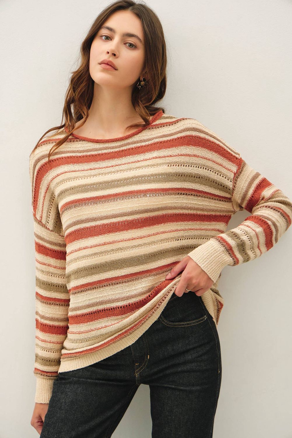 Breezy Knit Multi-Striped Long Sleeve Sweater