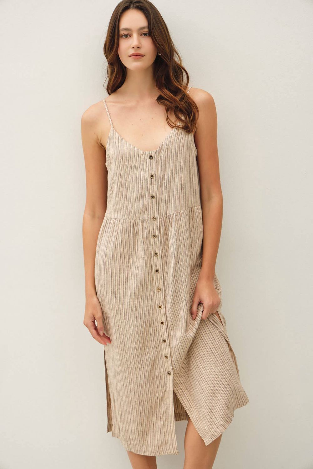 Striped Linen Blend Button Up Tank Dress