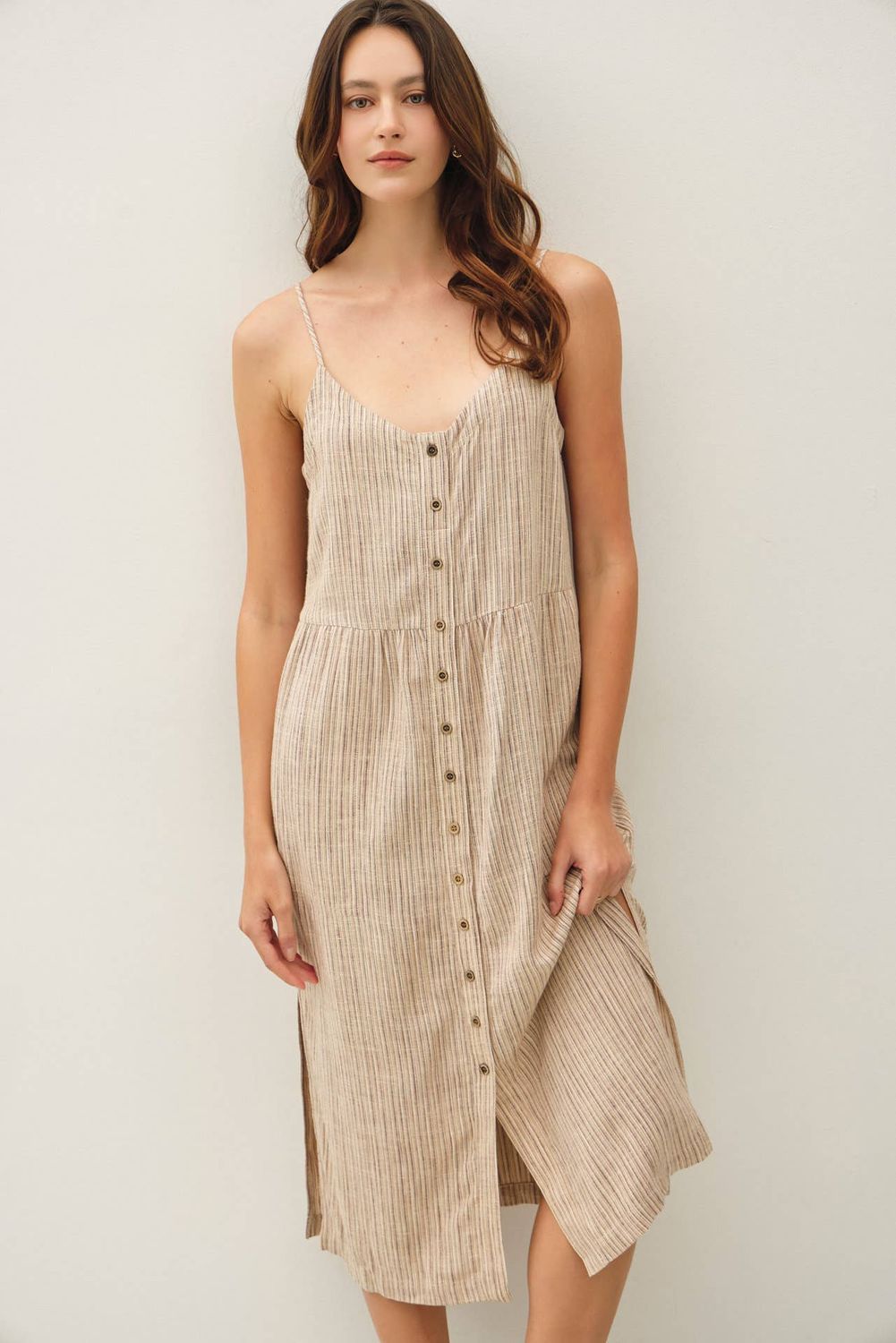 Striped Linen Blend Button Up Tank Dress