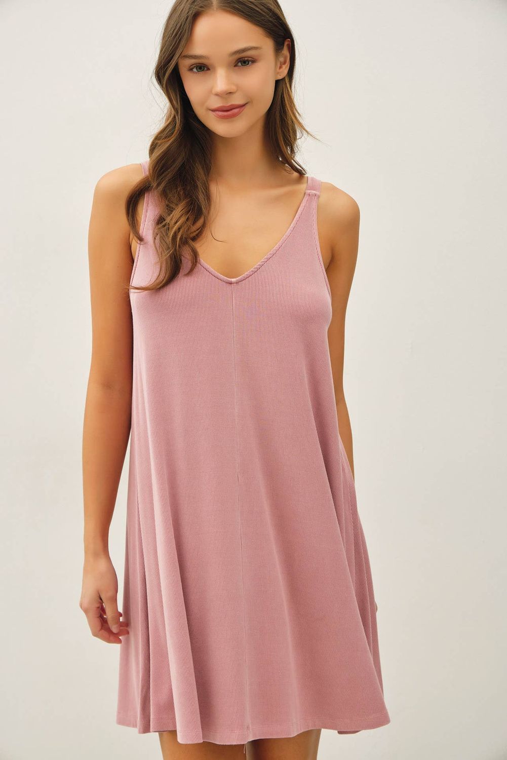 Ribbed V-Neck Knit Dress with Center Seam Detail
