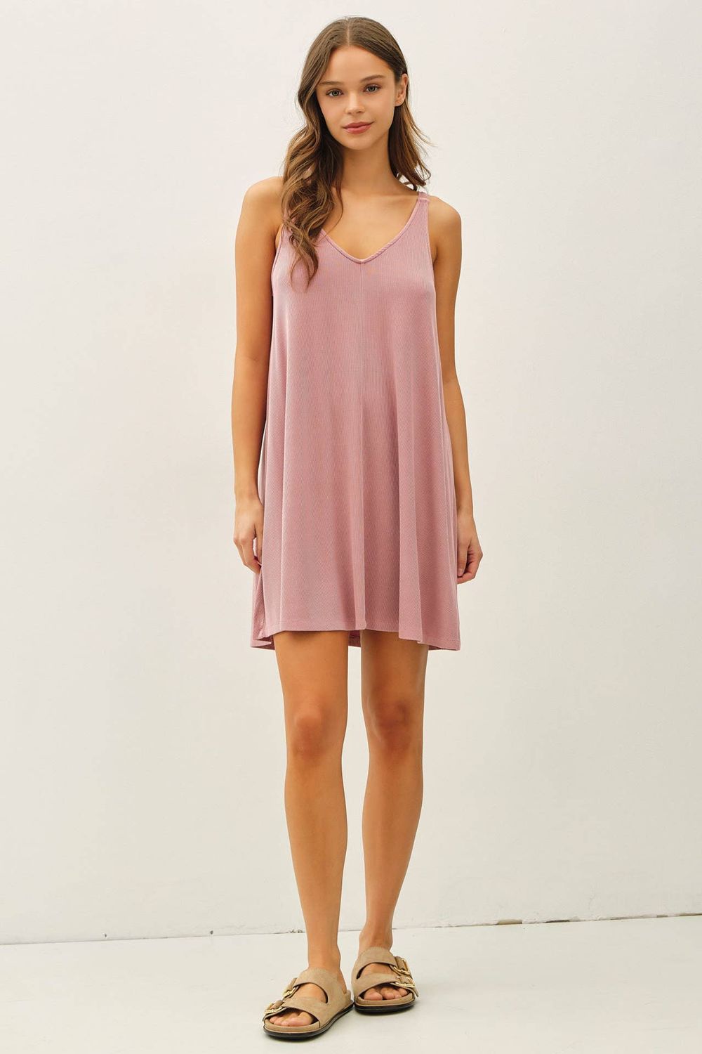 Ribbed V-Neck Knit Dress with Center Seam Detail