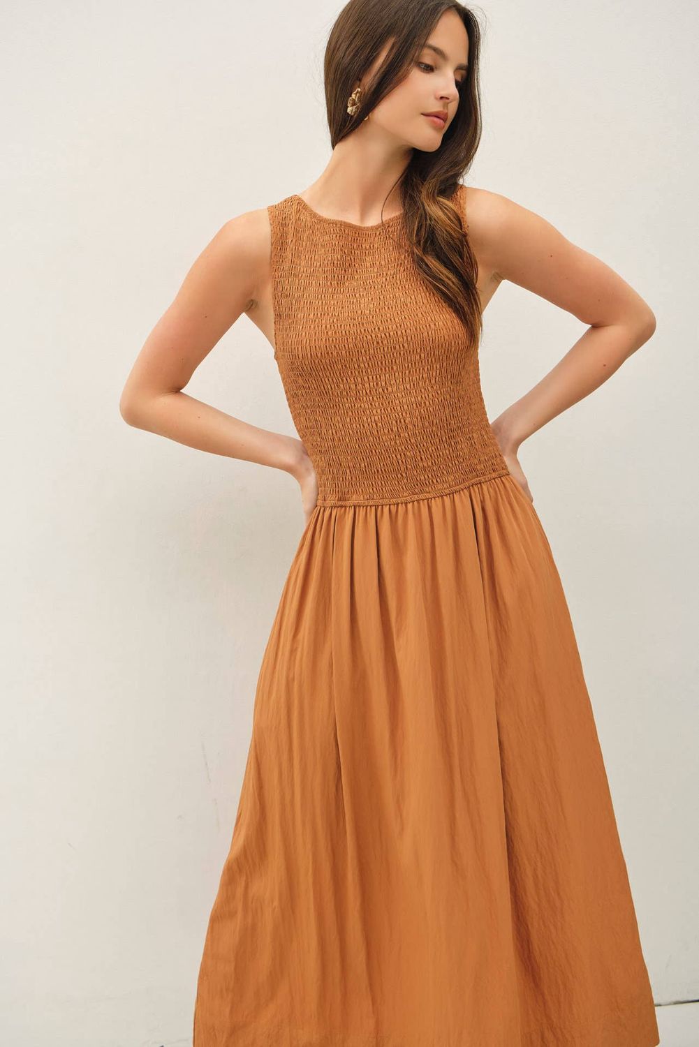 Smocked Bodice Boatneck Tank Midi Dress