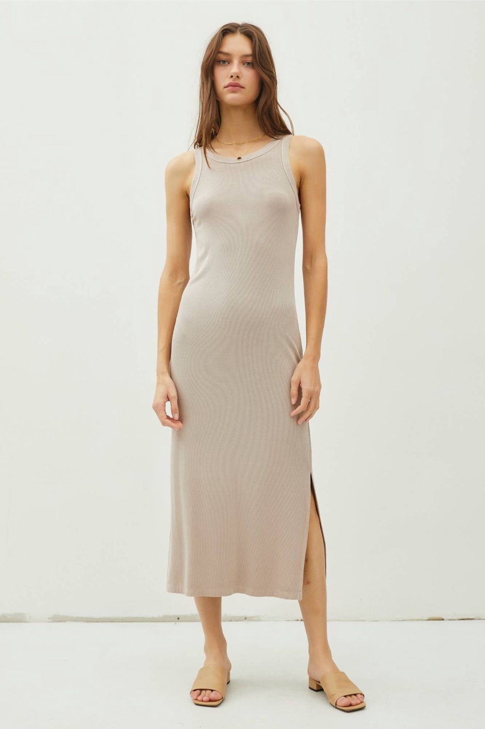 Ribbed Knit Side Slit Sleeveless Midi Dress
