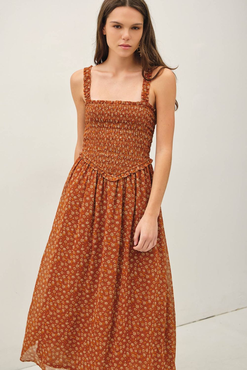 Floral Printed Smocked Bodice Midi Dress