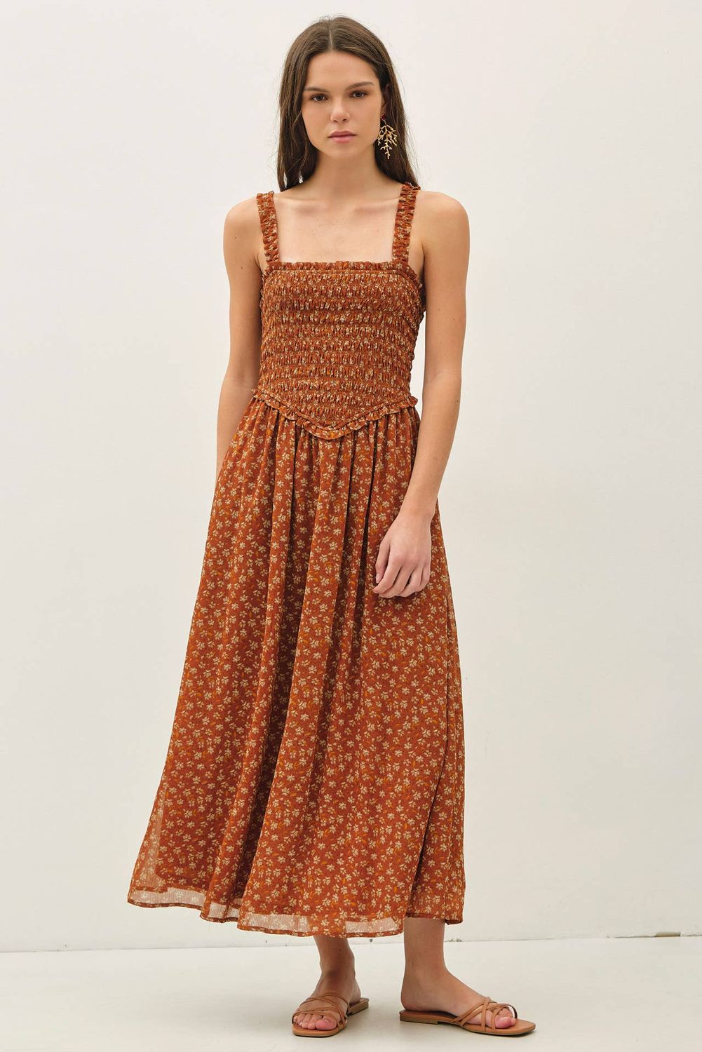 Floral Printed Smocked Bodice Midi Dress