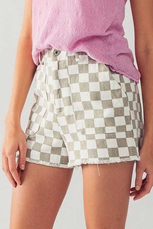 Retro Checkerboard Raw Hem Denim Shorts