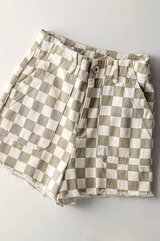 Retro Checkerboard Raw Hem Denim Shorts