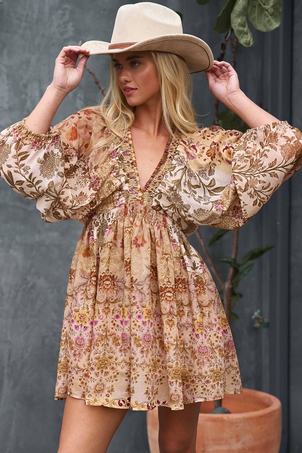Mixed-Print Boho Smocked Waist Mini Dress