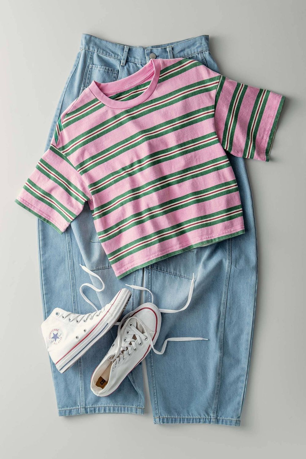 Vintage Washed Striped Cotton Crop Tee, Size: S