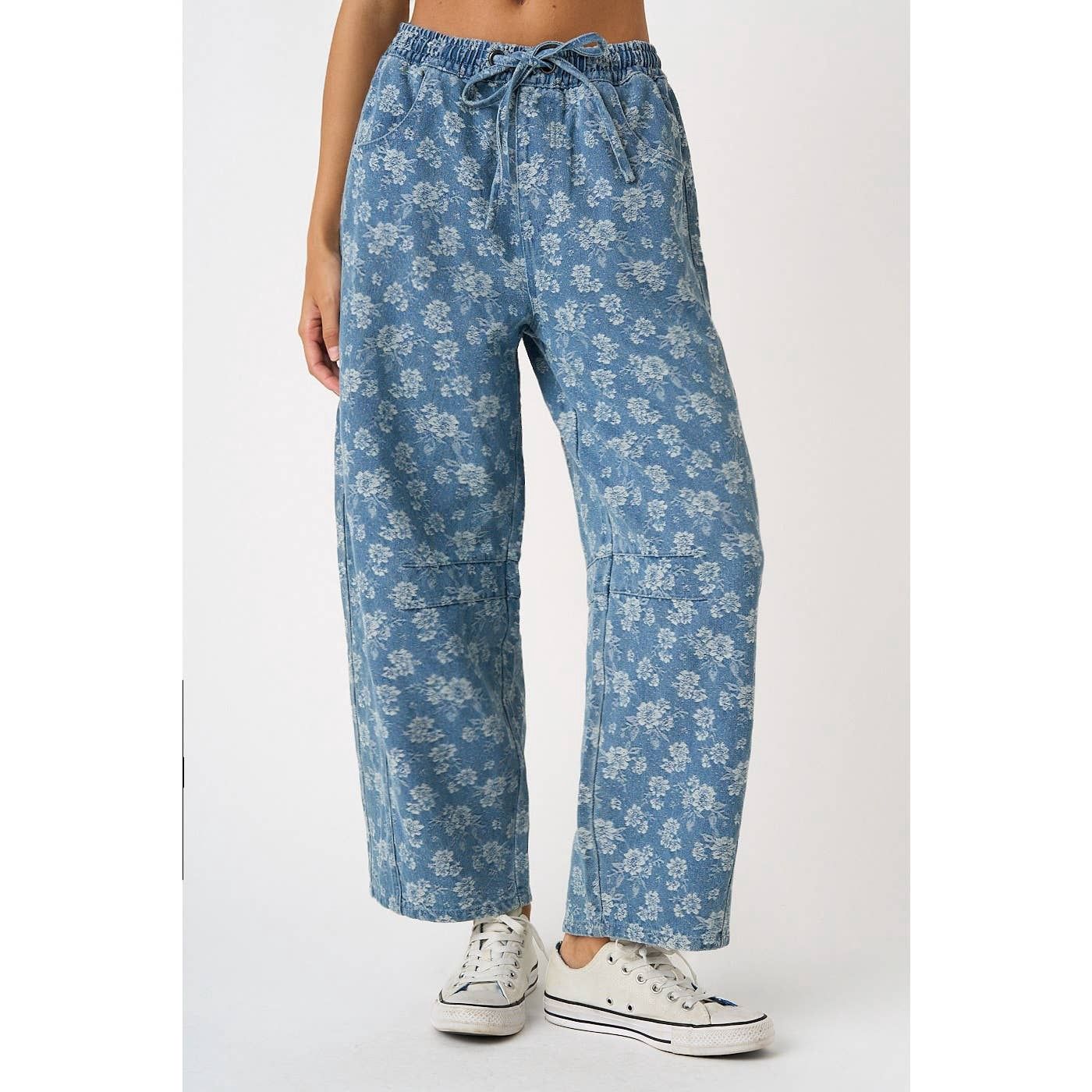 Floral Print Elastic Waist Barrel Jeans, Size: Small