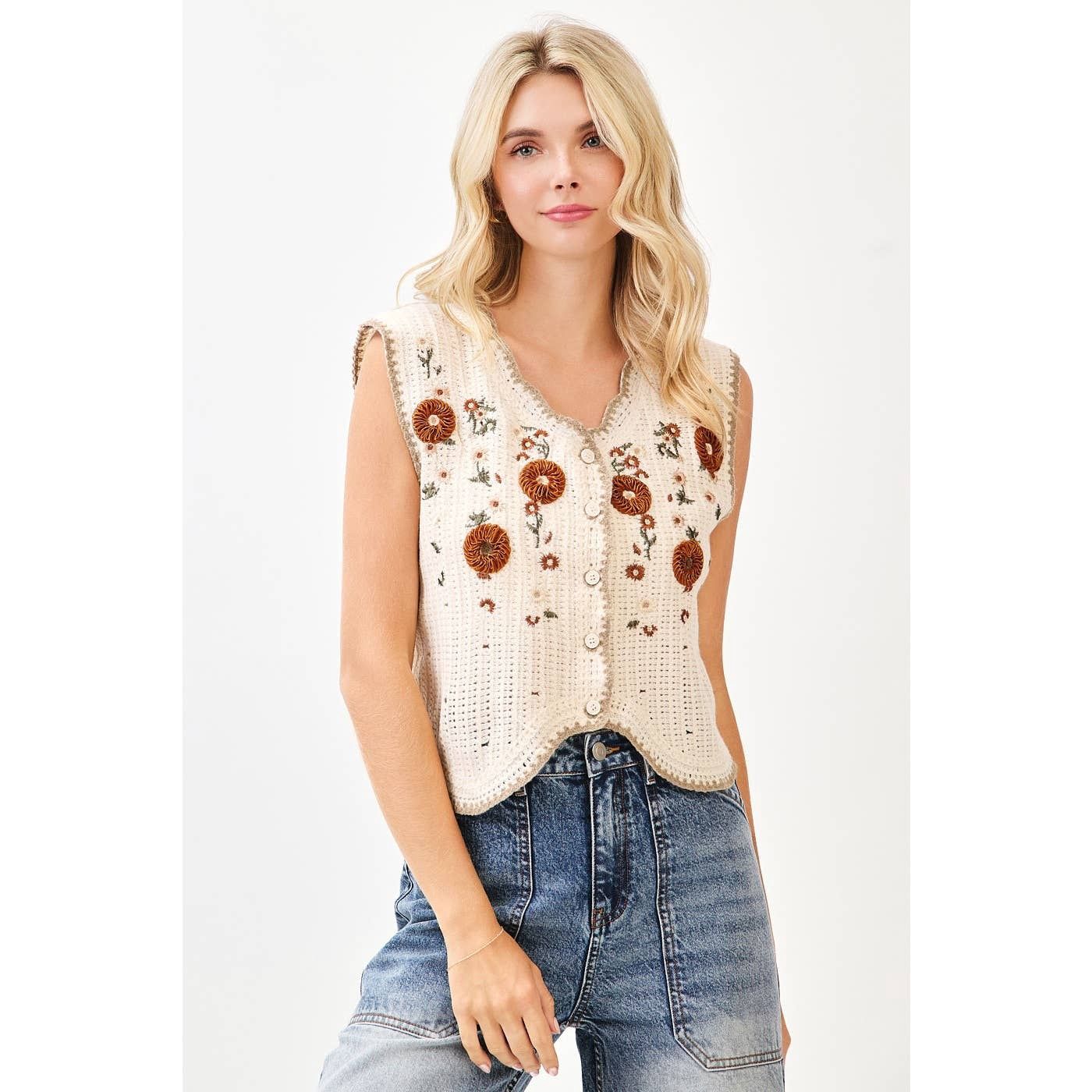 Floral Embroidery Sleeveless Vest