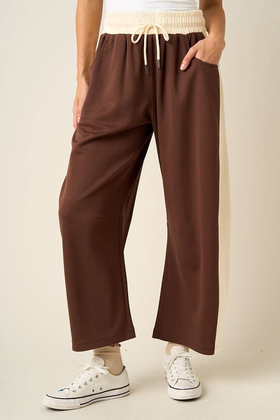 Cloud Knit Contrast Stripe Lounge Barrel Pants- Brown/Ivory, Size: Small