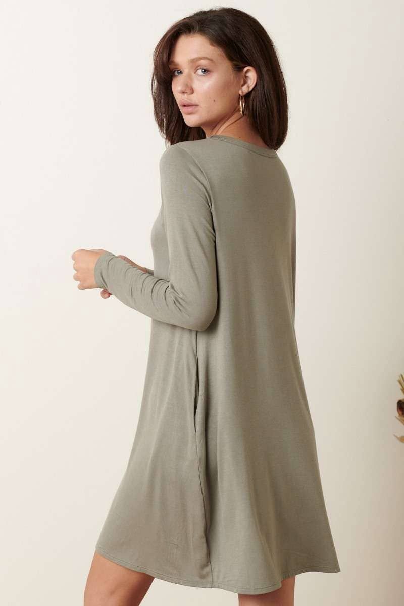 Bamboo Round Neck Long Sleeve Dress- Sage