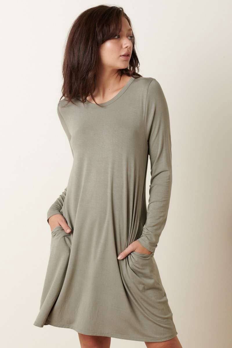Bamboo Round Neck Long Sleeve Dress- Sage, Size: Small