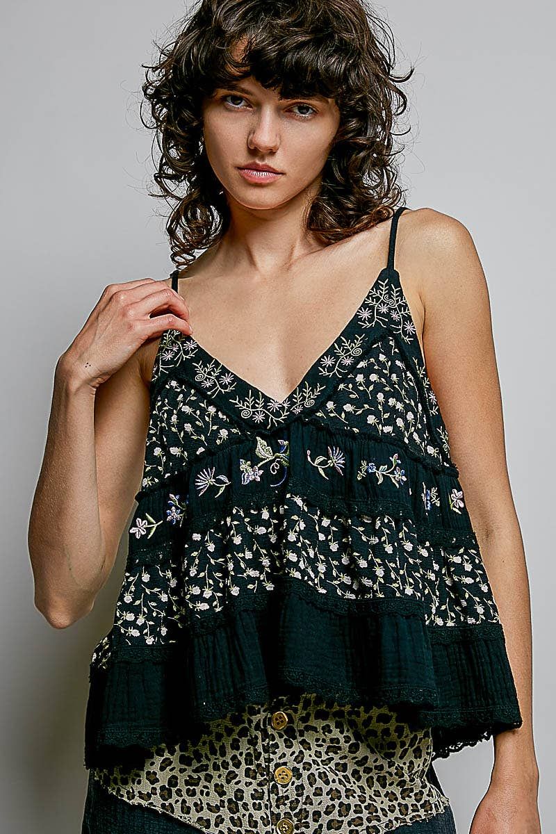 Gauze Floral Embroidery Tank
