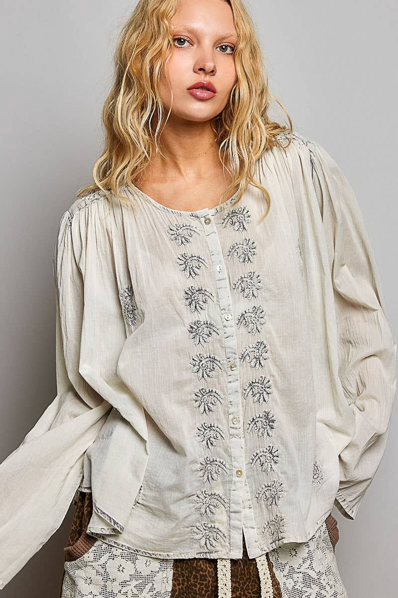 Boho Embroidered Relaxed Fit Button-Up Blouse Top