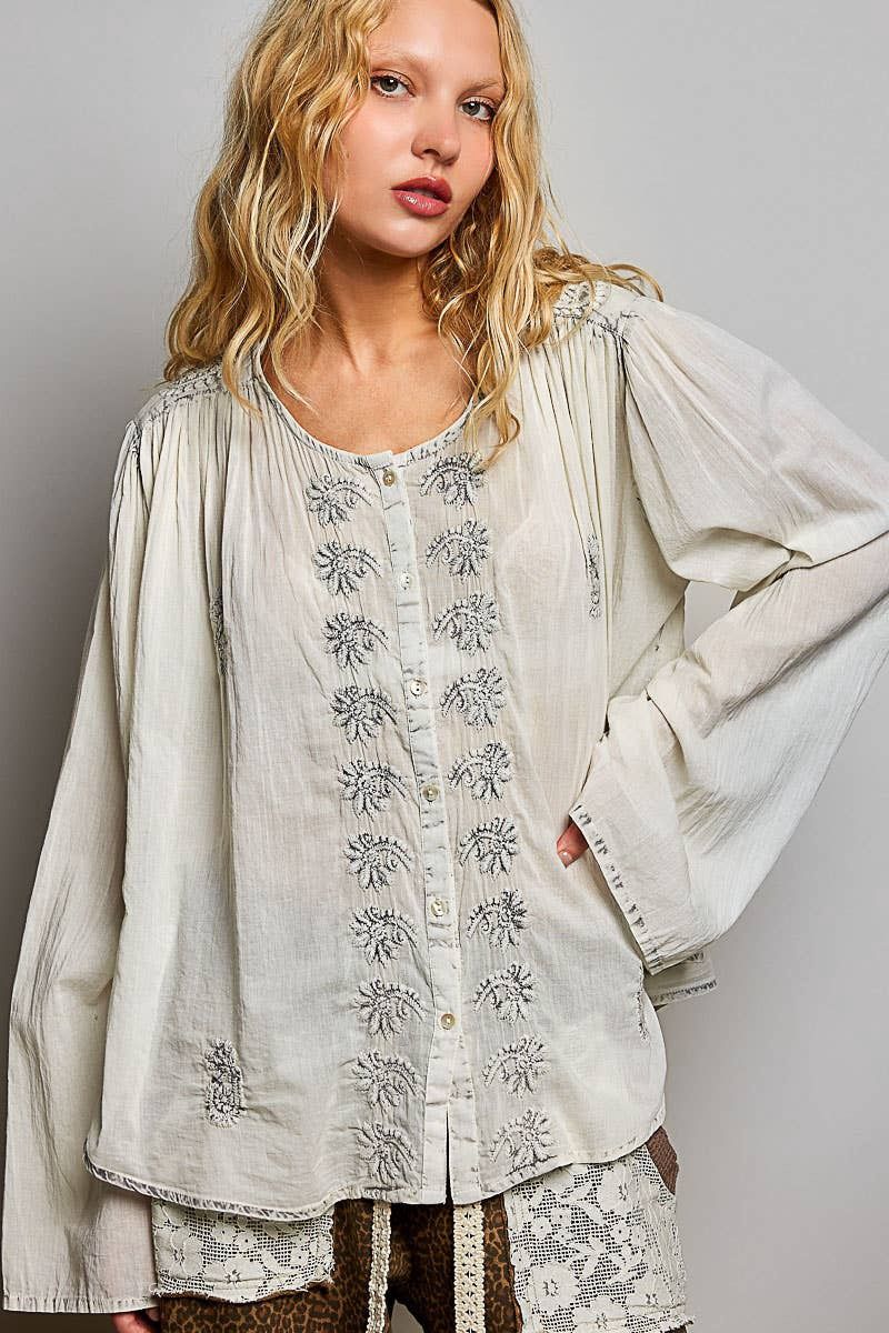 Boho Embroidered Relaxed Fit Button-Up Blouse Top, Size: M
