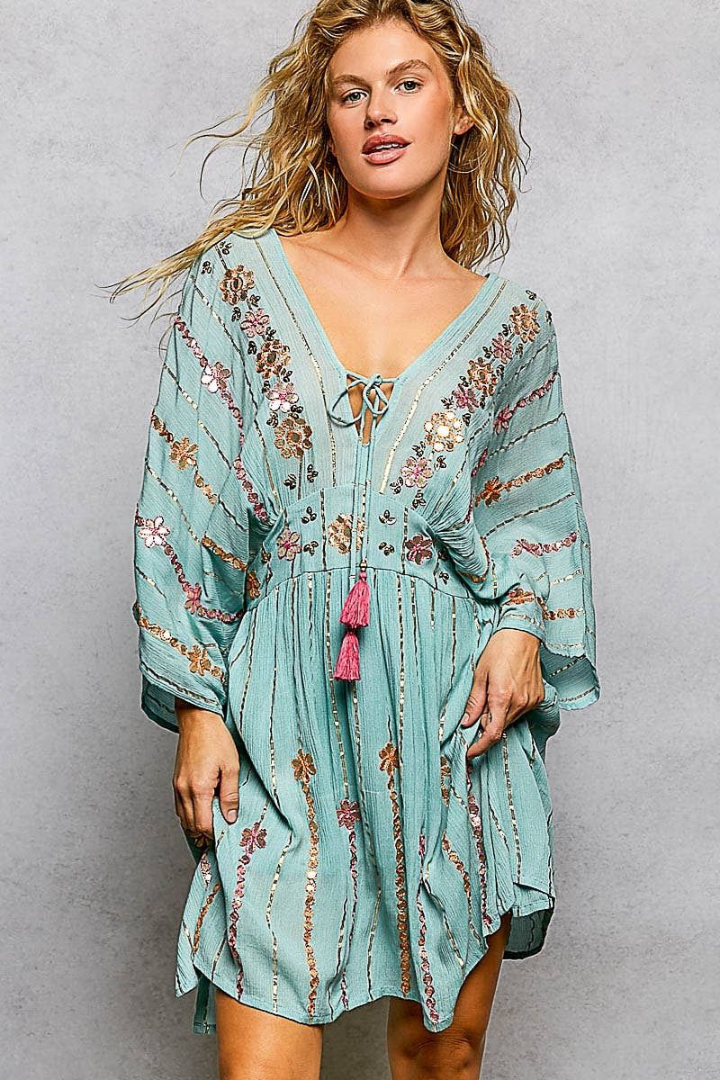 V-neck Stripe Embroidery Neck Loop Short Sleeve Dress