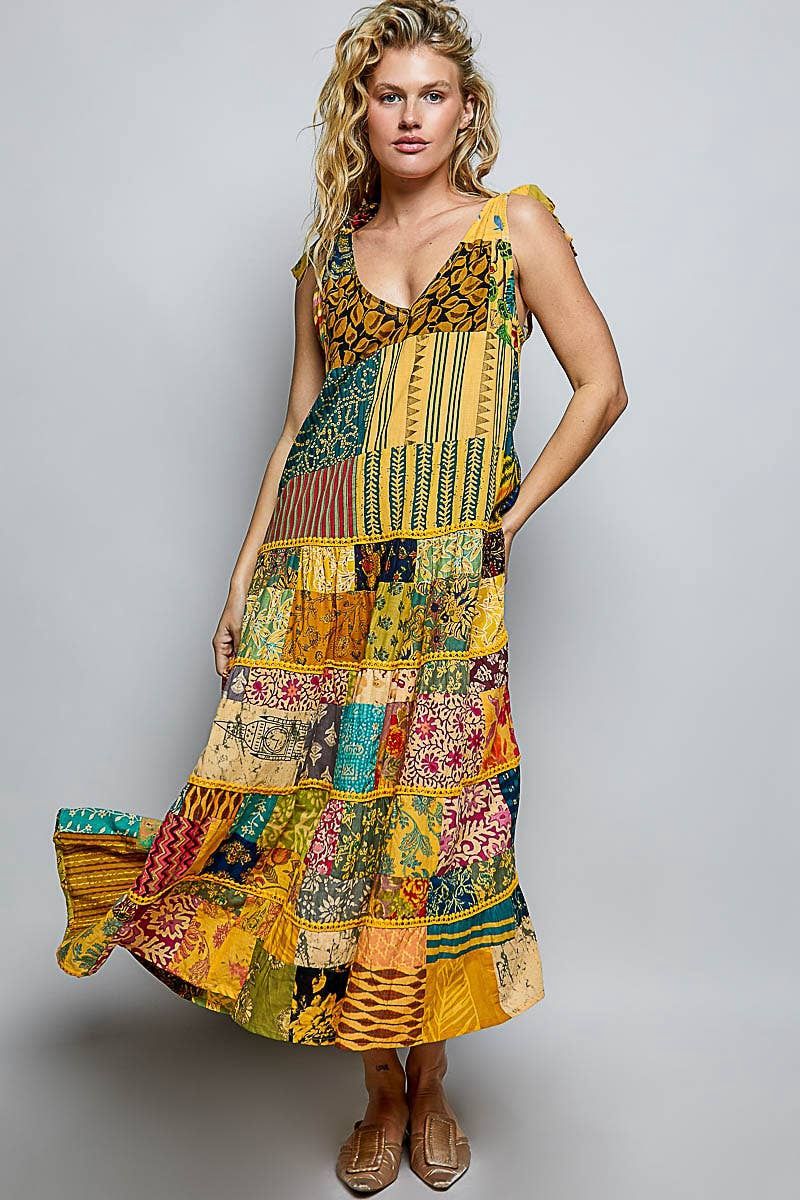 Sleeveless Varied Patchwork Tape Detail Woven Dress
