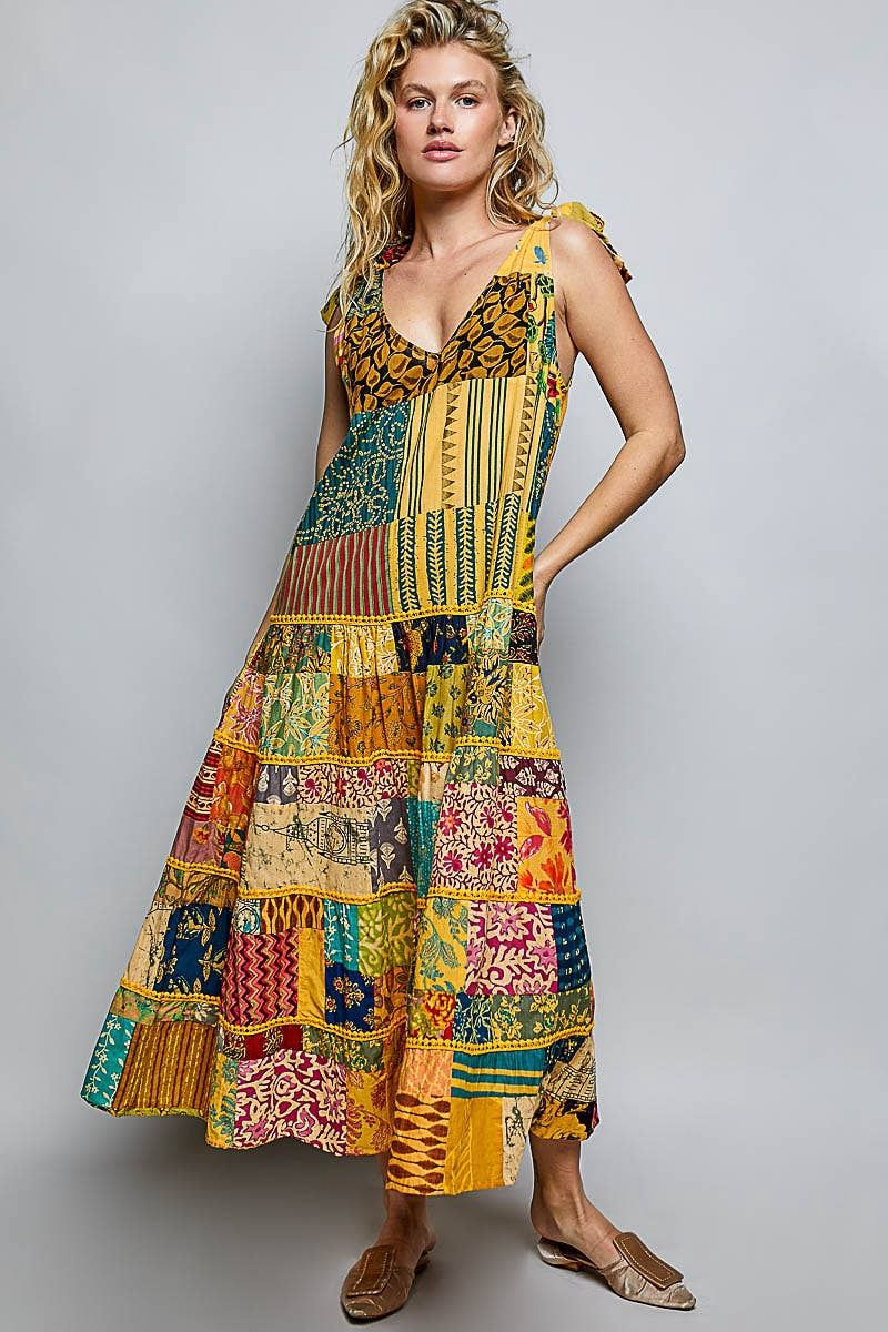 Sleeveless Varied Patchwork Tape Detail Woven Dress