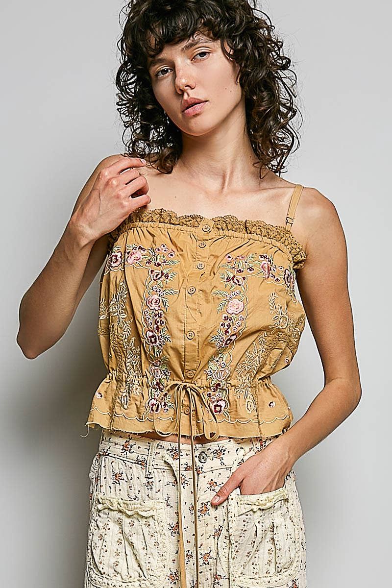 Sleeveless Embroidered Trim Solid Poplin Top