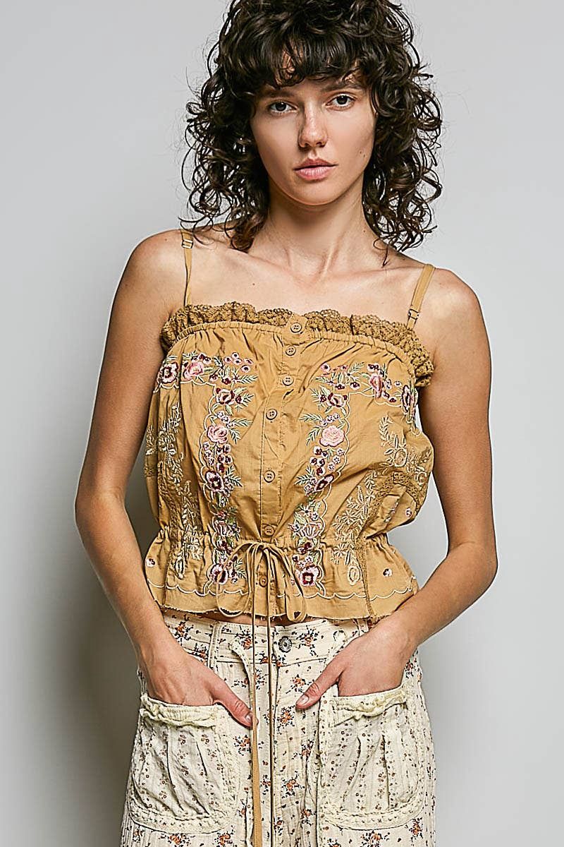 Sleeveless Embroidered Trim Solid Poplin Top