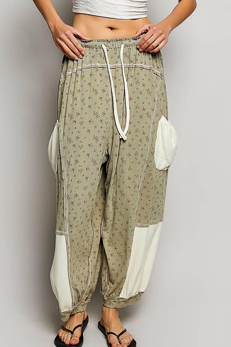 Oversized Floral Pattern Printed Knit Pants, Size: S