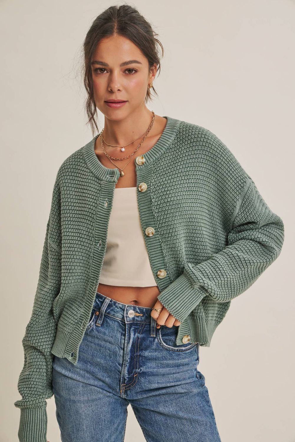 Mineral-Washed Cotton Waffle Cardigan, Size: L