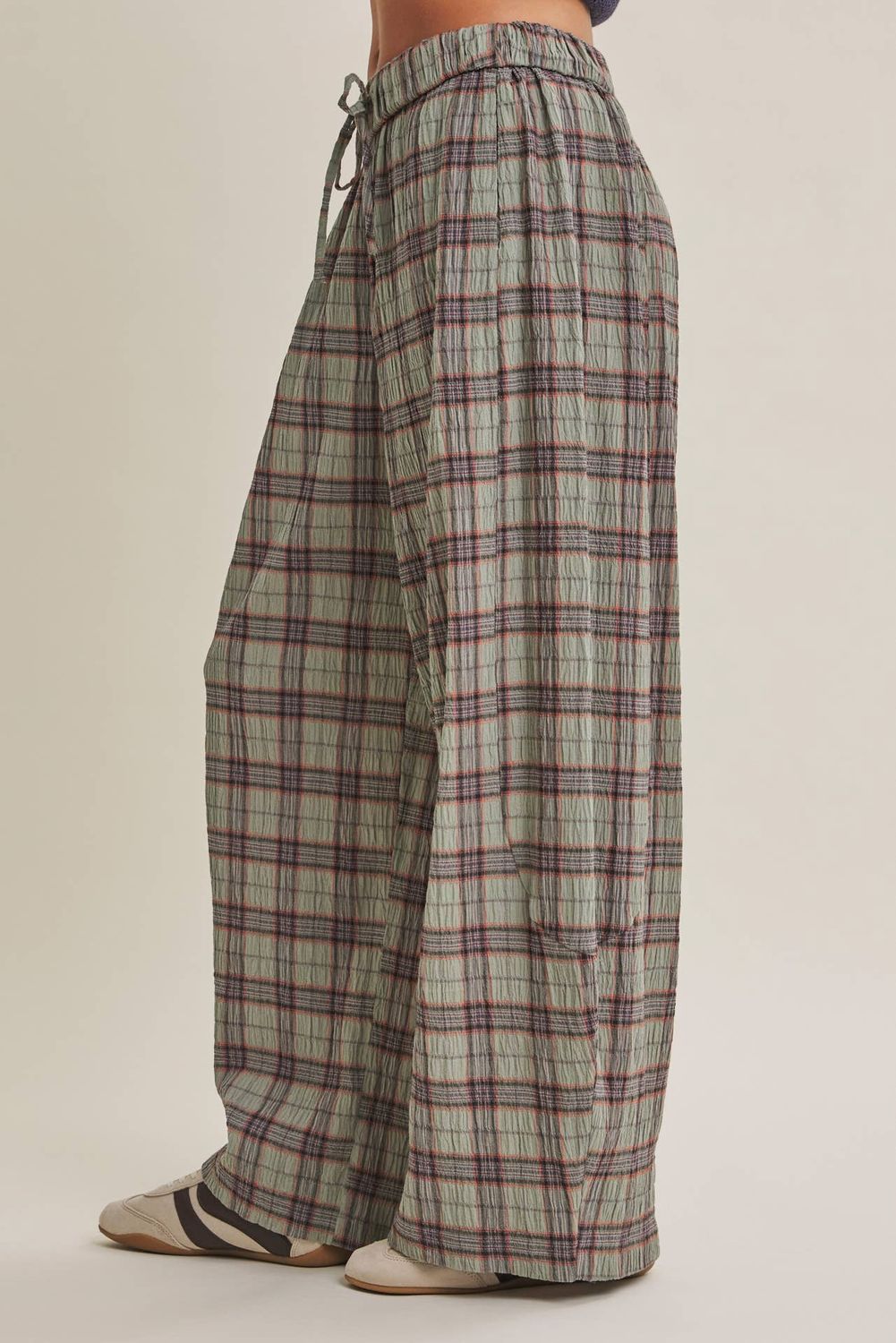 Autumn Cabin Soft Drape Crinkled Plaid Gauze Wide- Leg Pants