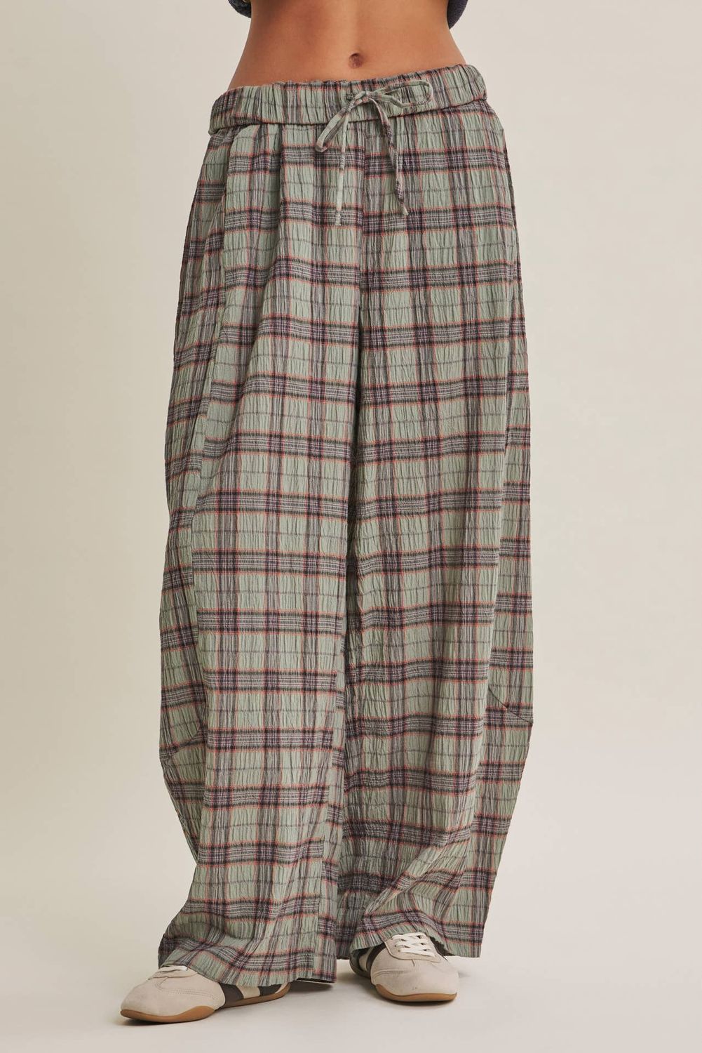 Autumn Cabin Soft Drape Crinkled Plaid Gauze Wide- Leg Pants, Size: L