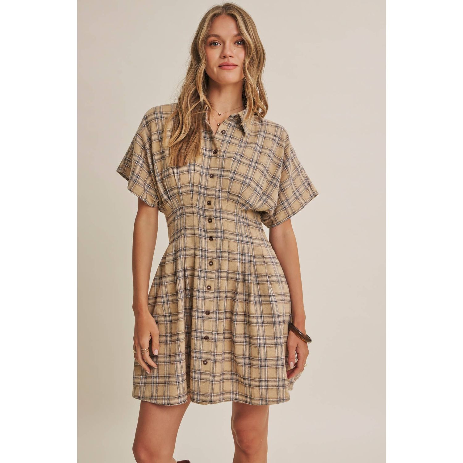 Rustic Cabin Pleated Plaid Smocked Waist Mini Dress