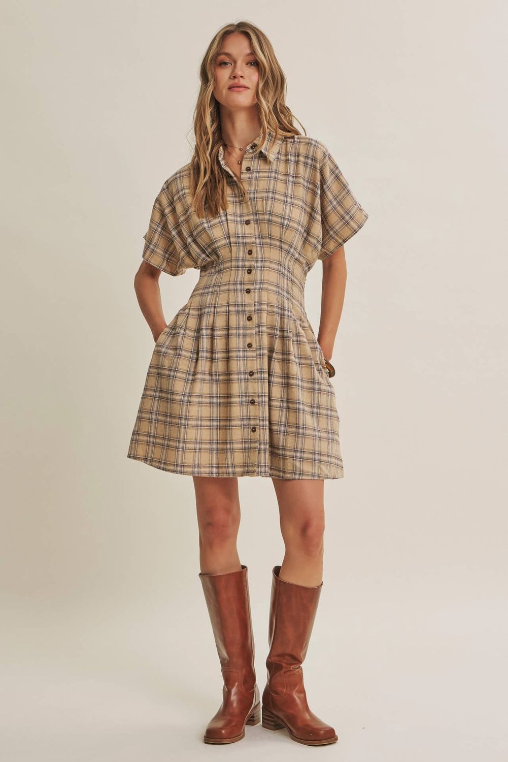 Rustic Cabin Pleated Plaid Smocked Waist Mini Dress, Size: S