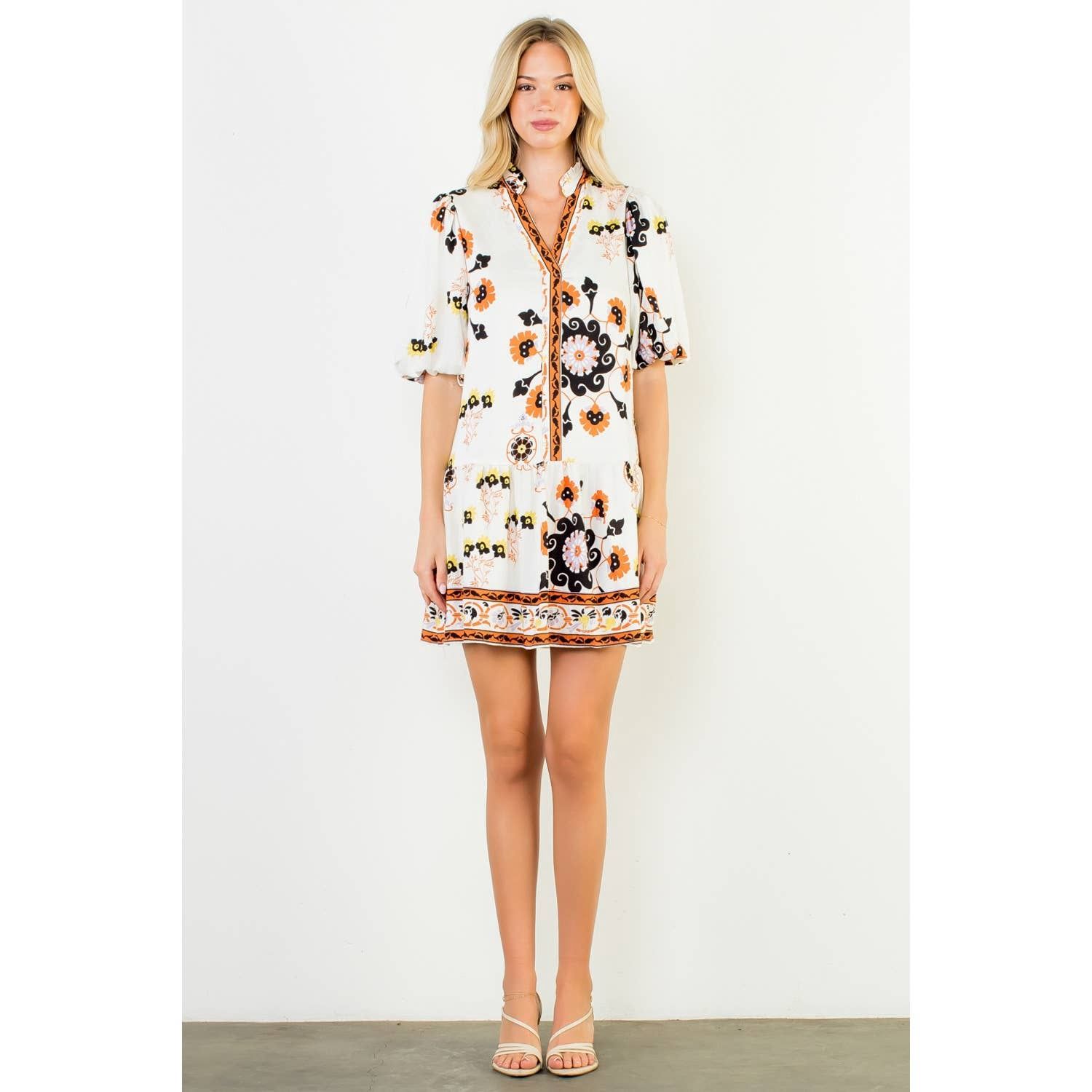 Puff Sleeve V-Neck Floral Mini Dress, Size: XS