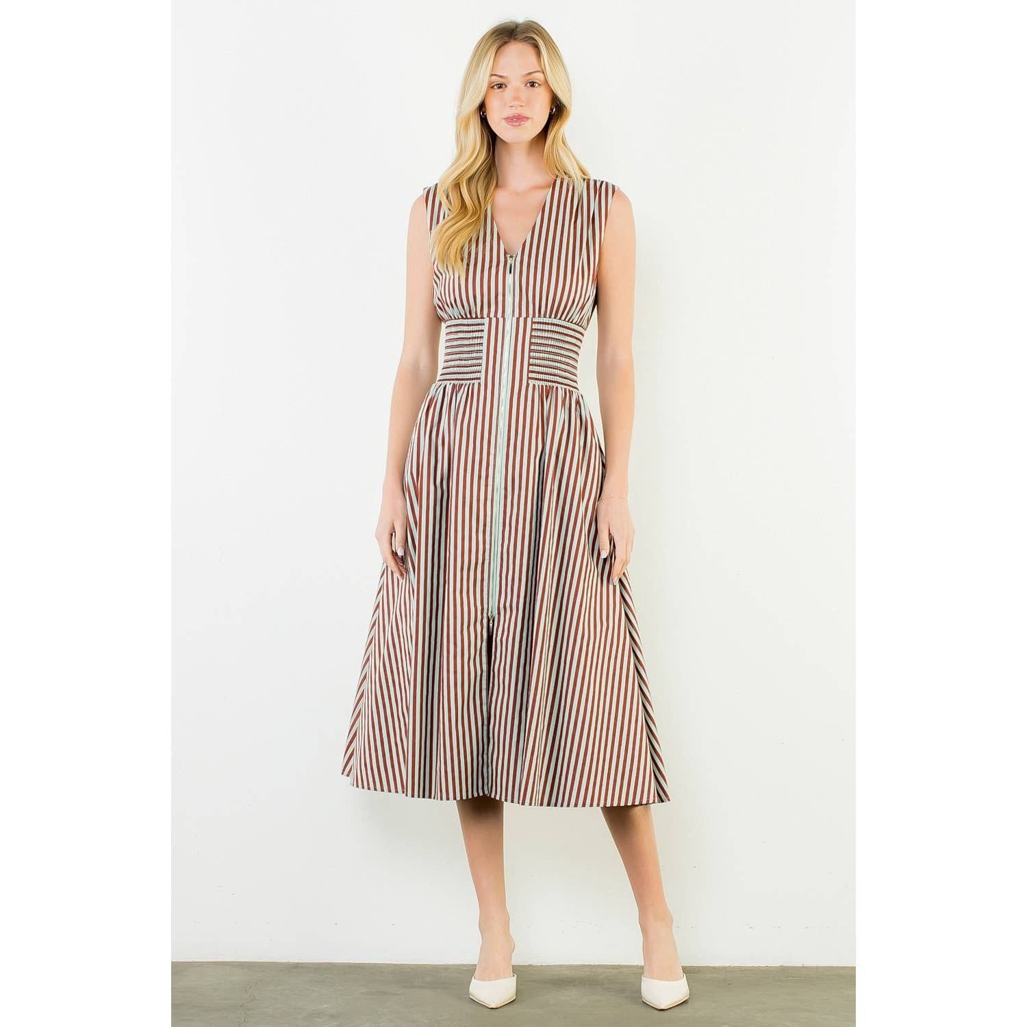 Sleeveless Vertical Stripes Zippered Dress