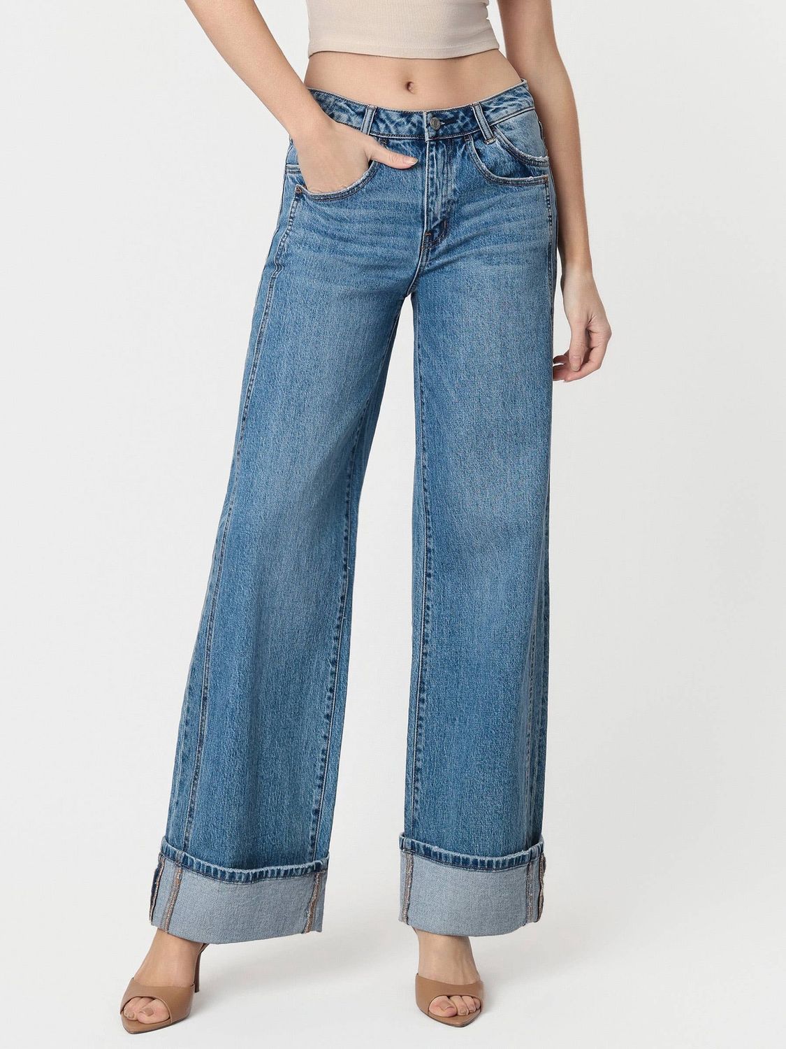 High Rise Cuffed Panel Baggy Wide Jeans, Size: 29