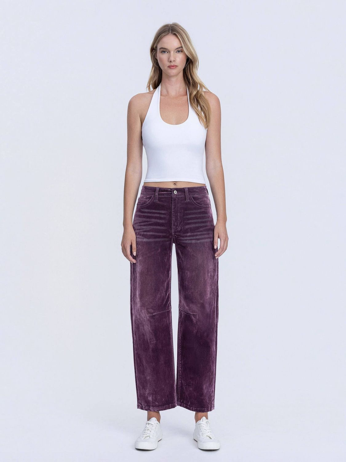 High Rise Velvet Flocked Purple Barrel Leg Jeans
