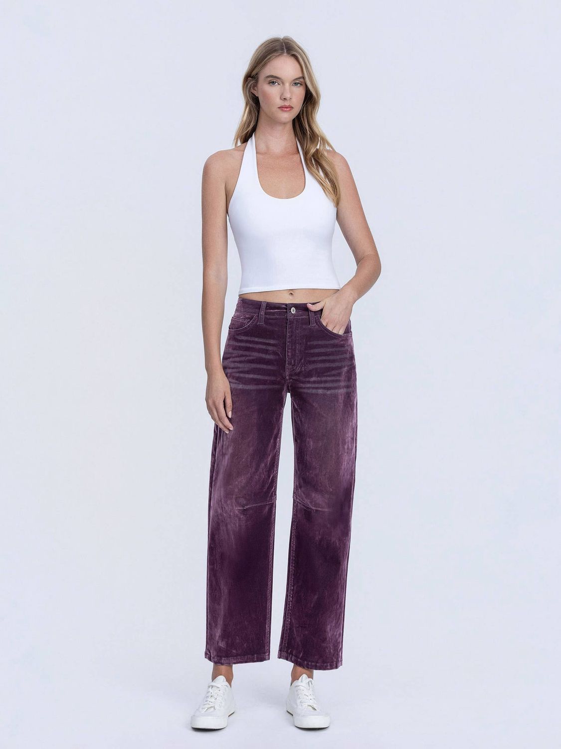 High Rise Velvet Flocked Purple Barrel Leg Jeans