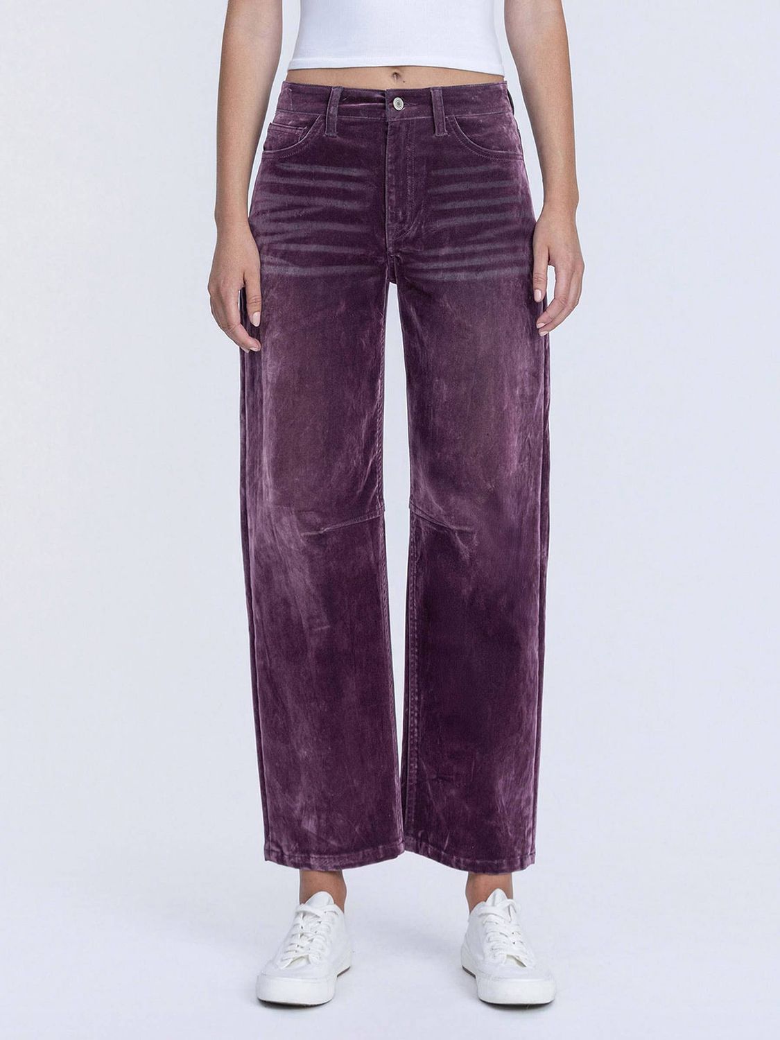High Rise Velvet Flocked Purple Barrel Leg Jeans, Size: 27